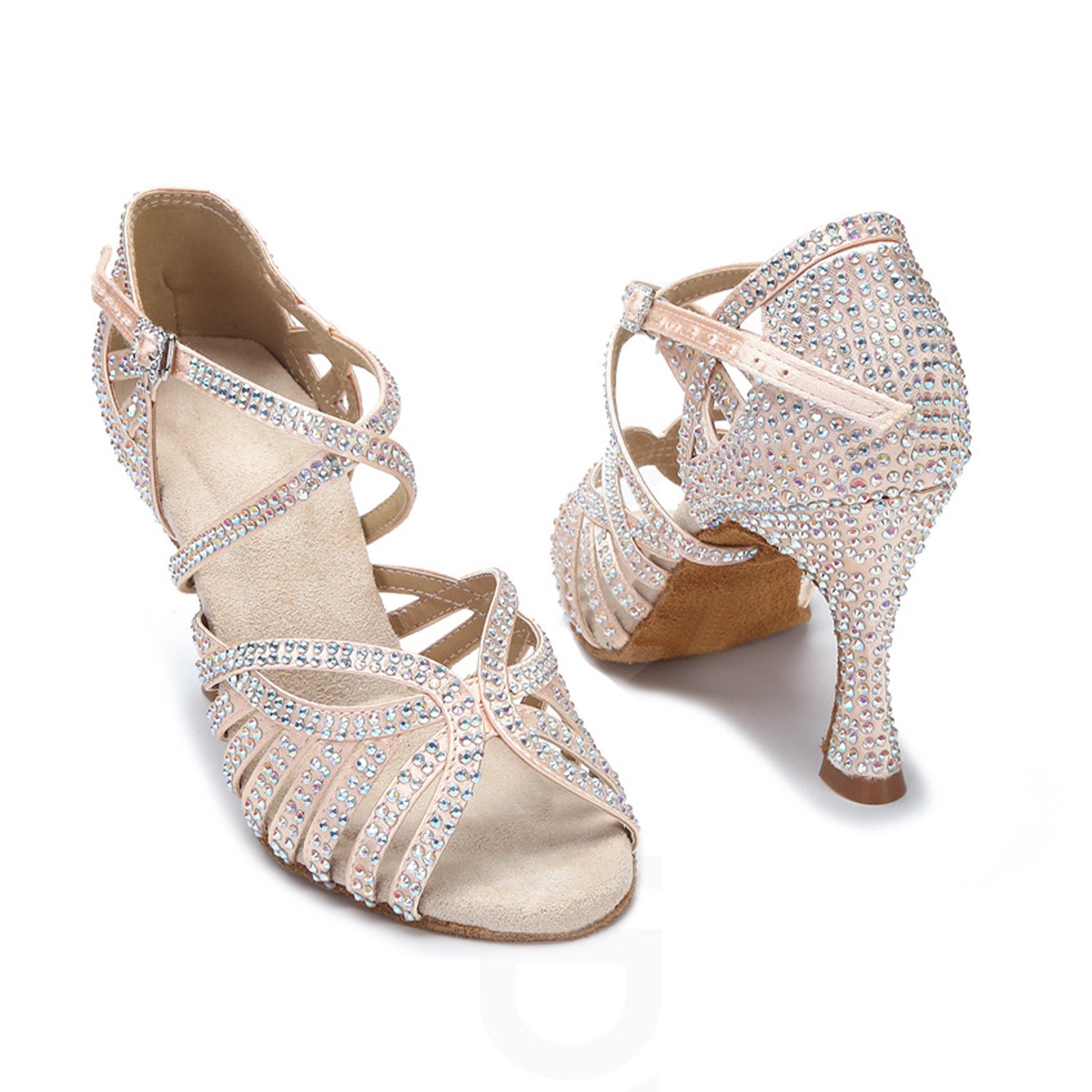 Beige Rhinestone Latin Dance Heels, Comfortable Suede Sole for Performance