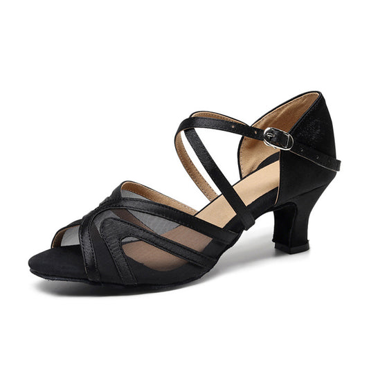 Black mesh peep toe women's latin dance shoes with mid heel and cross ankle strap