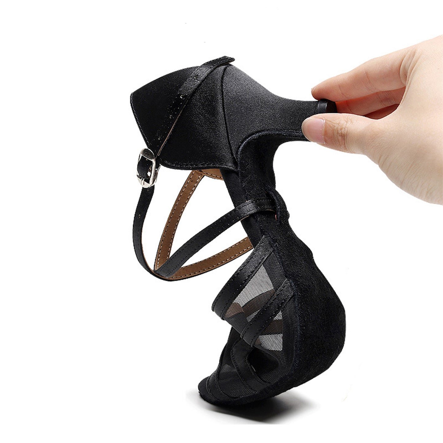 Black cross strap latin dancing shoes for beginner female dancers with low block heel