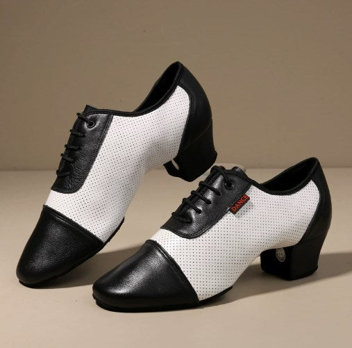 Black white soft suede sole lace-up latin dance shoes