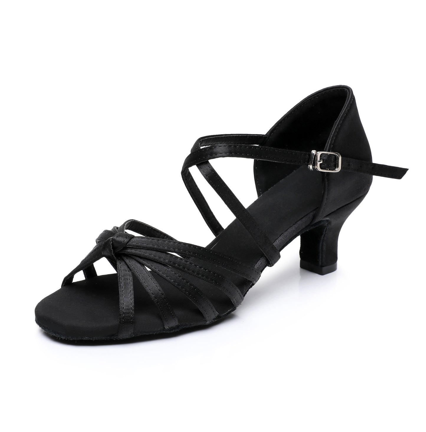 Women's Latin Dance Shoes, Black Satin Closed Toe Ankle Strap Ballroom Dance Heels for Practice Performance