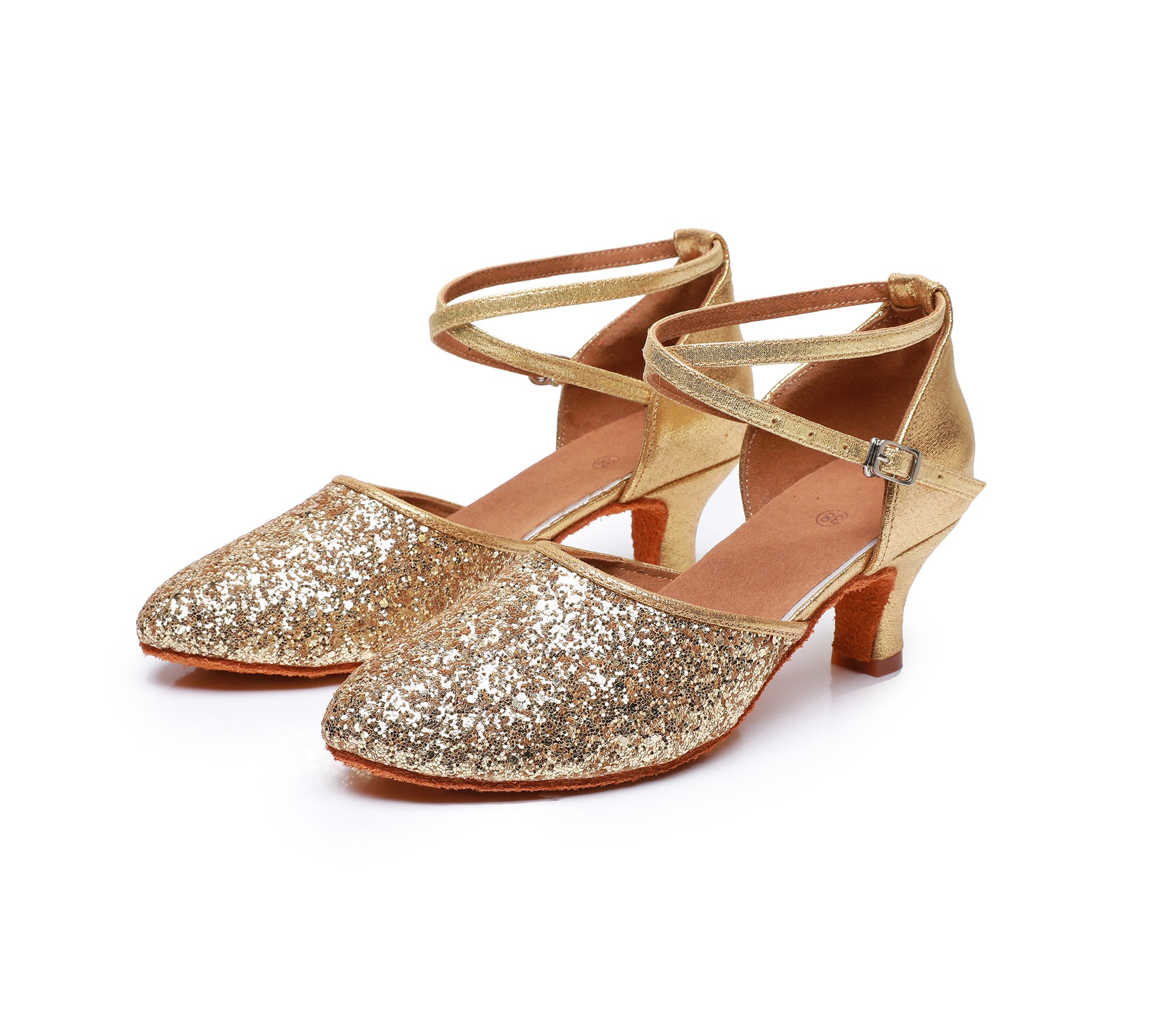 Sequined leather upper detail on women’s Latin dance shoes