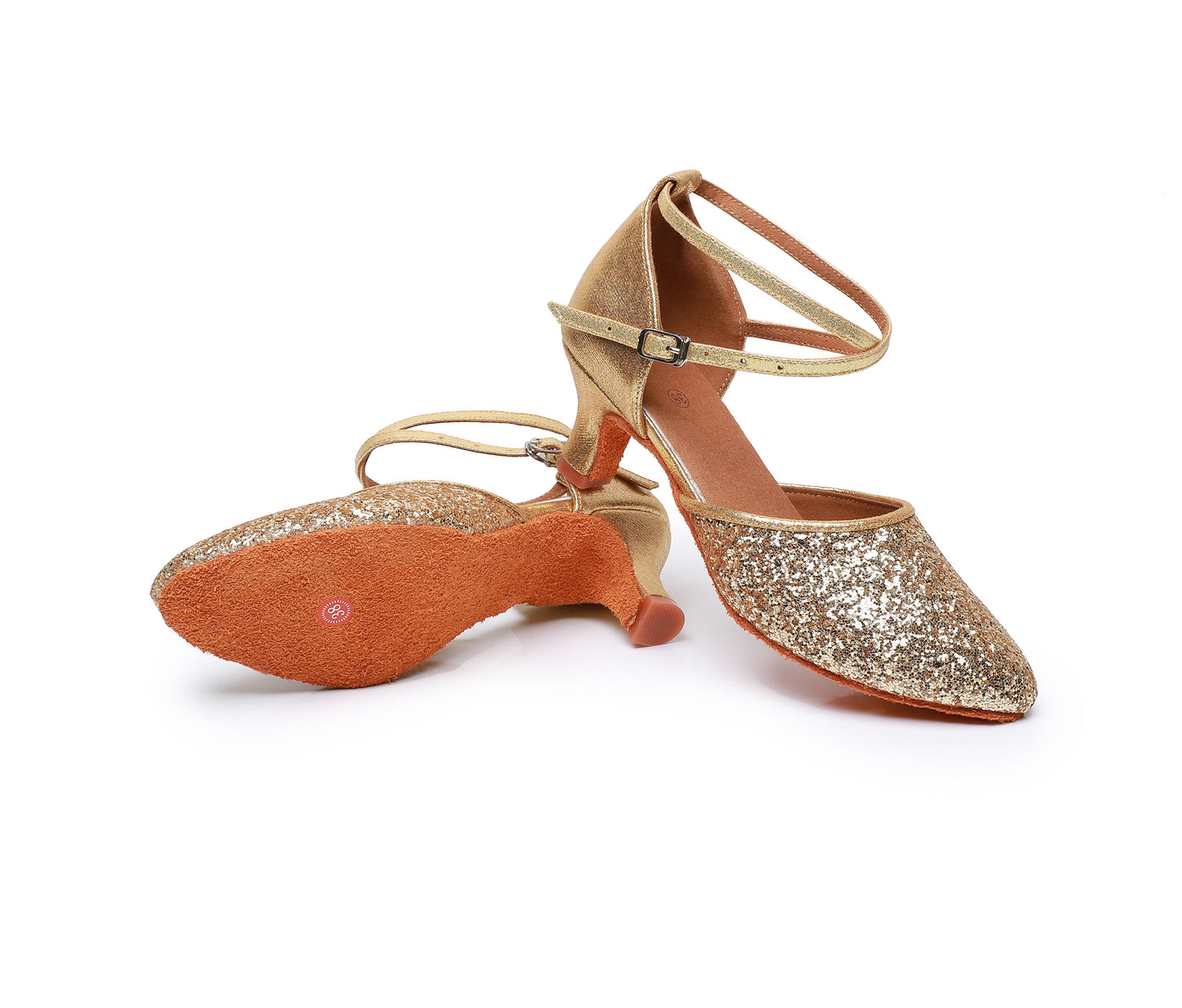 Pointed toe and secure strap detail on women’s sequined leather dance shoes