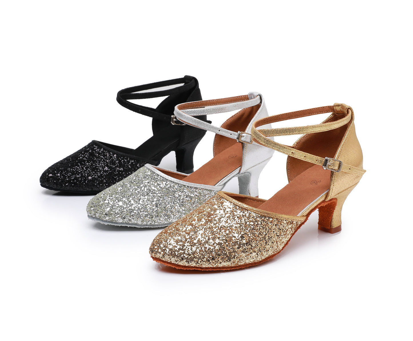 Women’s Sequined Leather Latin Dance Shoes – Pointed Toe Kitten Heel (Model A11)