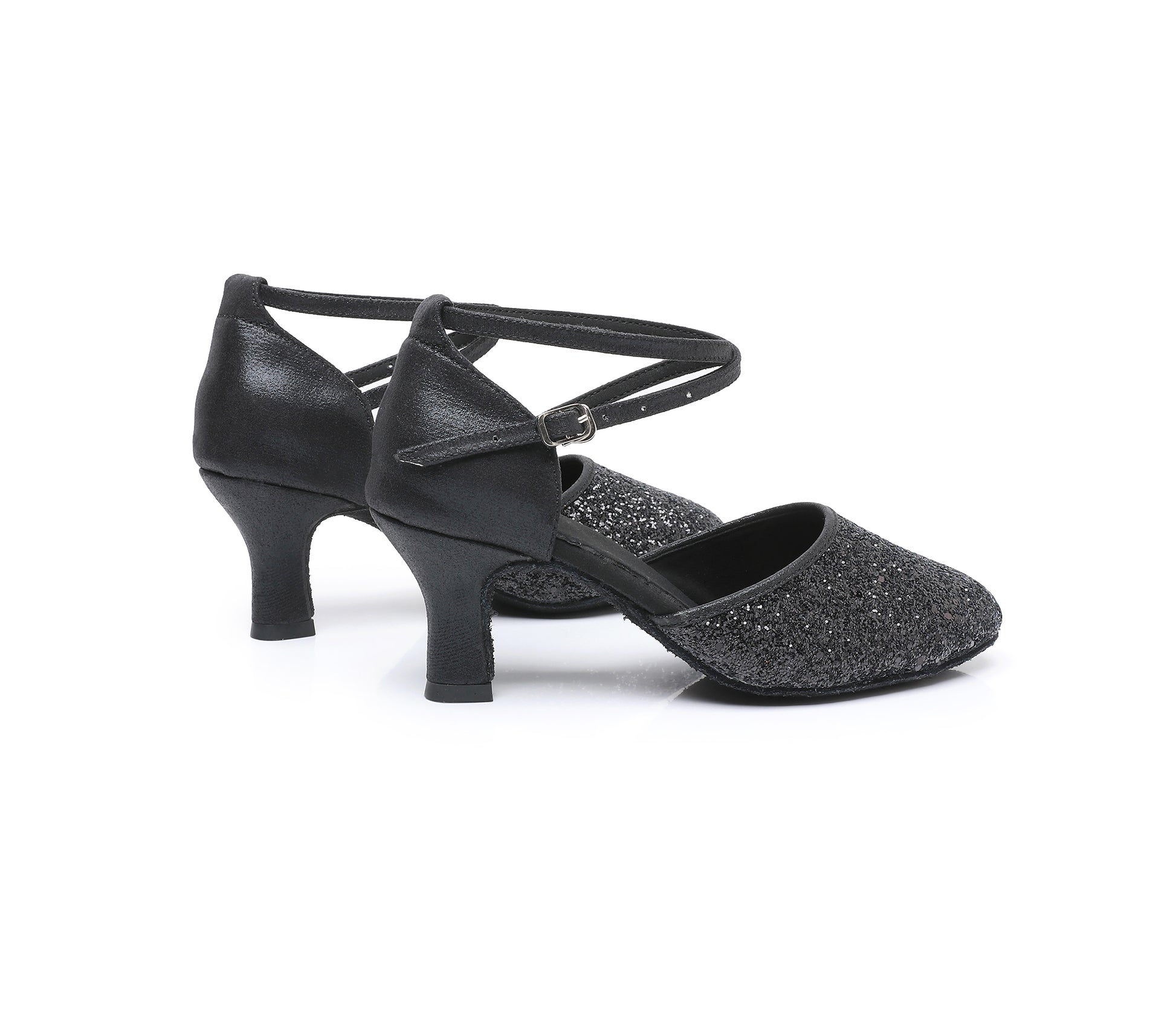 Close up suede sole on women’s sequined Latin dance shoes for smooth turns