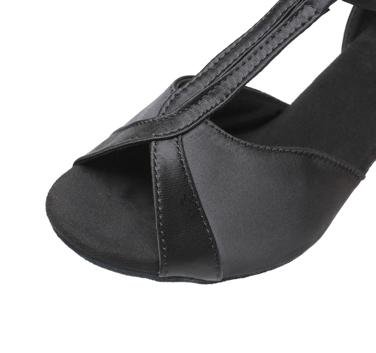Detail of satin upper and craftsmanship on women’s Latin dance shoes