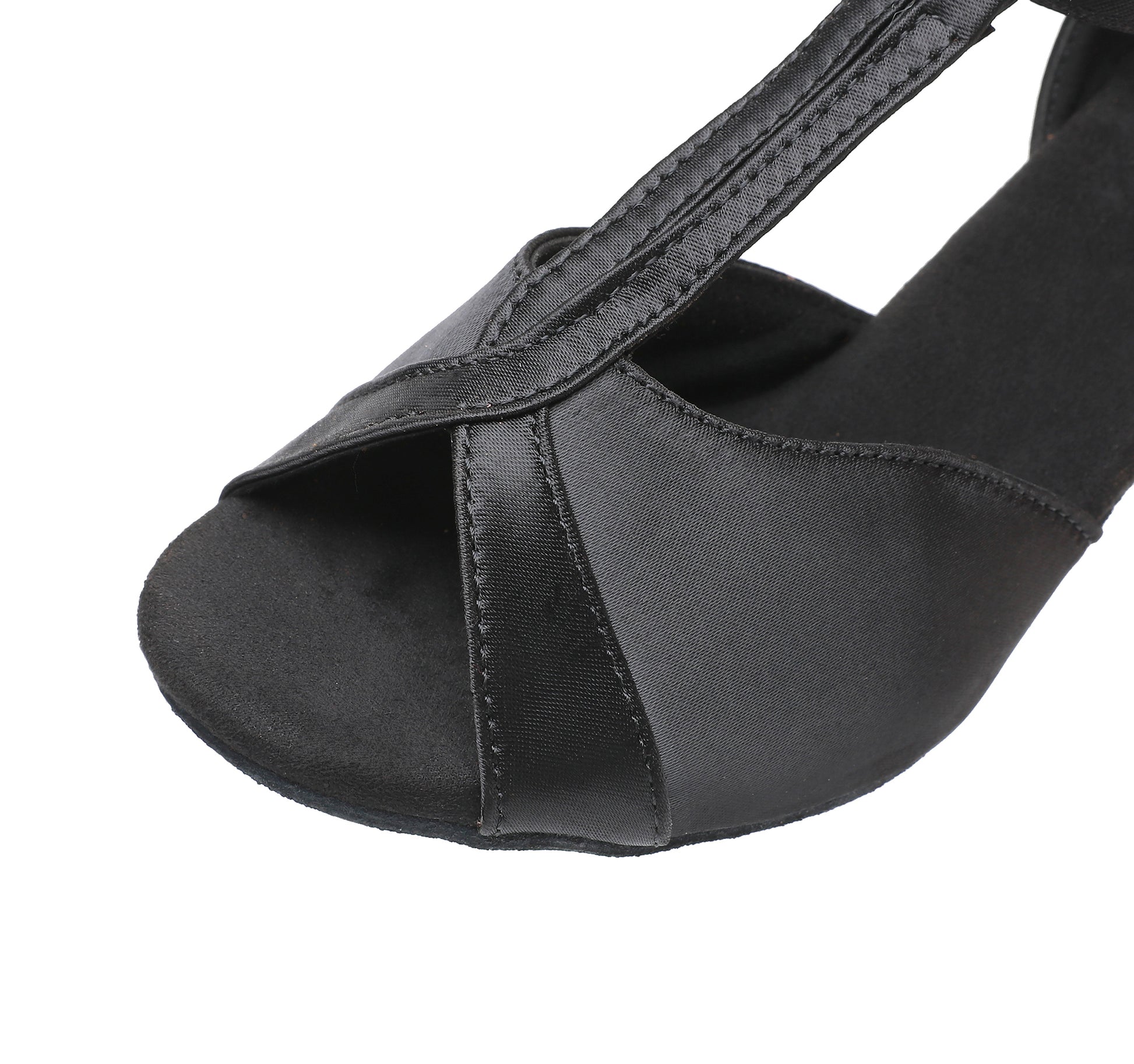 Detail of satin upper and craftsmanship on women’s Latin dance shoes