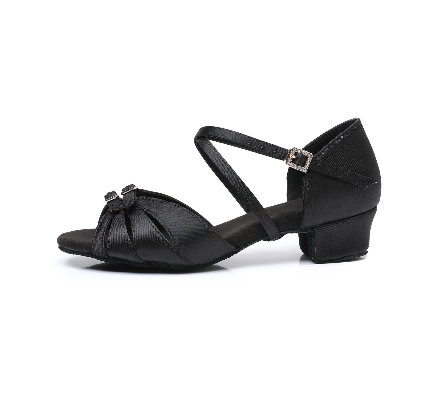Girls' Ballroom Dance Shoes, Black Satin Cross Strap Latin Heels for Performance