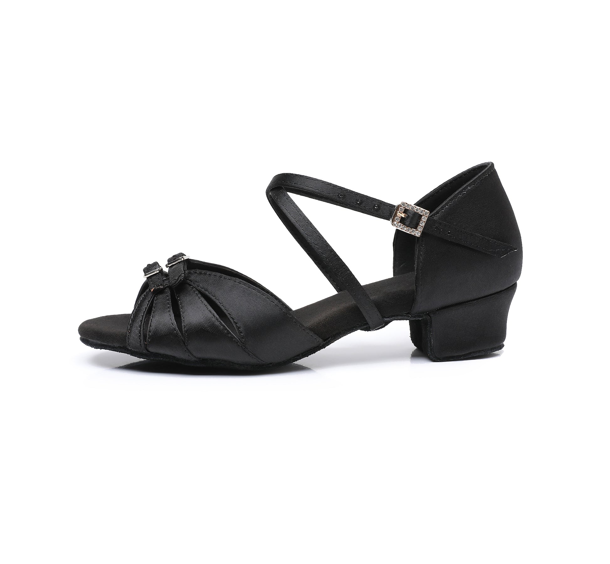 Girls' Ballroom Dance Shoes, Black Satin Cross Strap Latin Heels for Performance