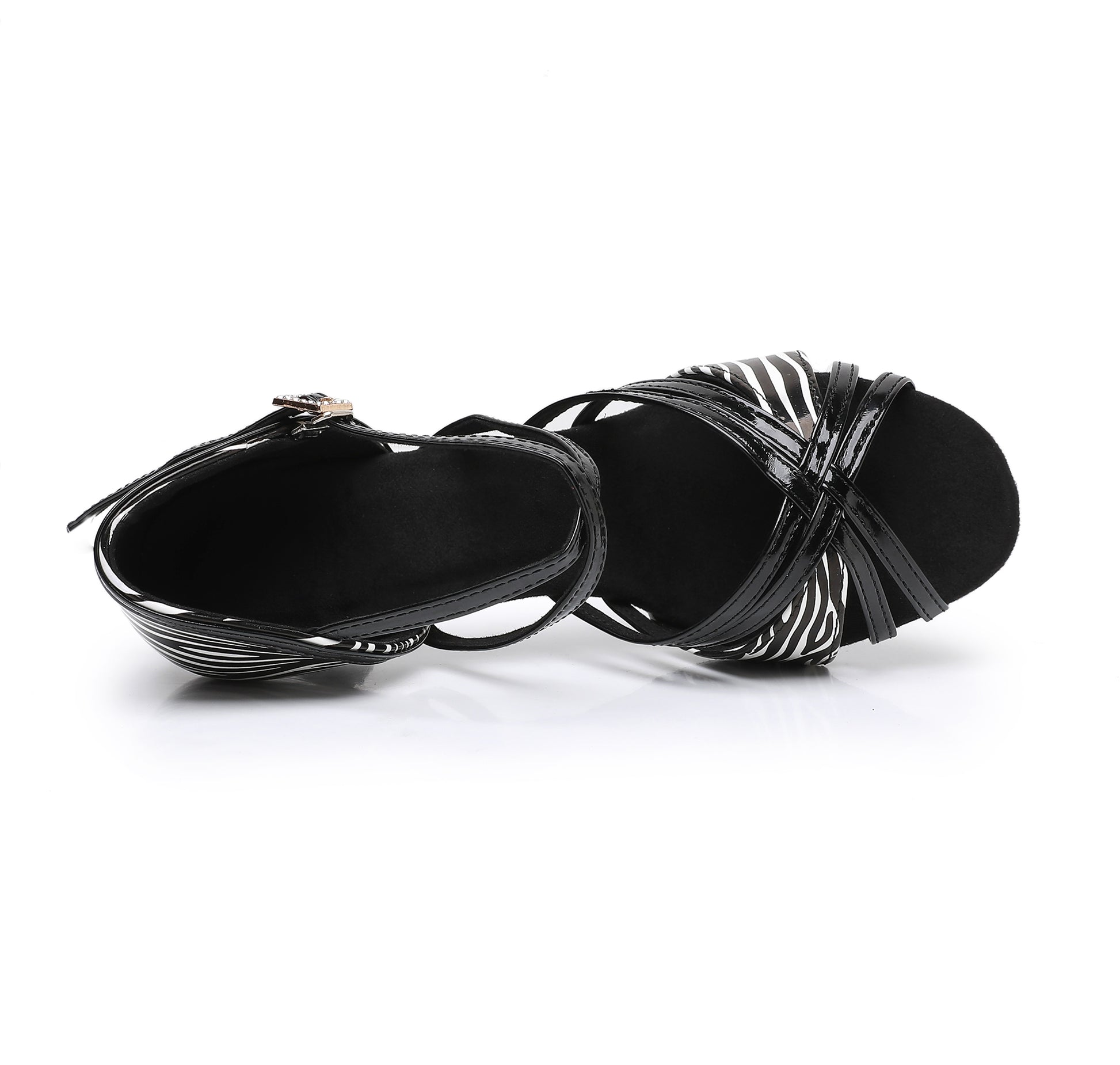 Secure ankle strap and buckle detail on women’s open toe Latin dance shoes
