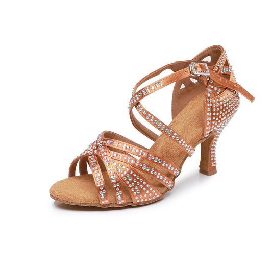 Women’s Latin Dance Shoes (Rhinestone) | Stable Heel + Suede Sole (Model AZ101)