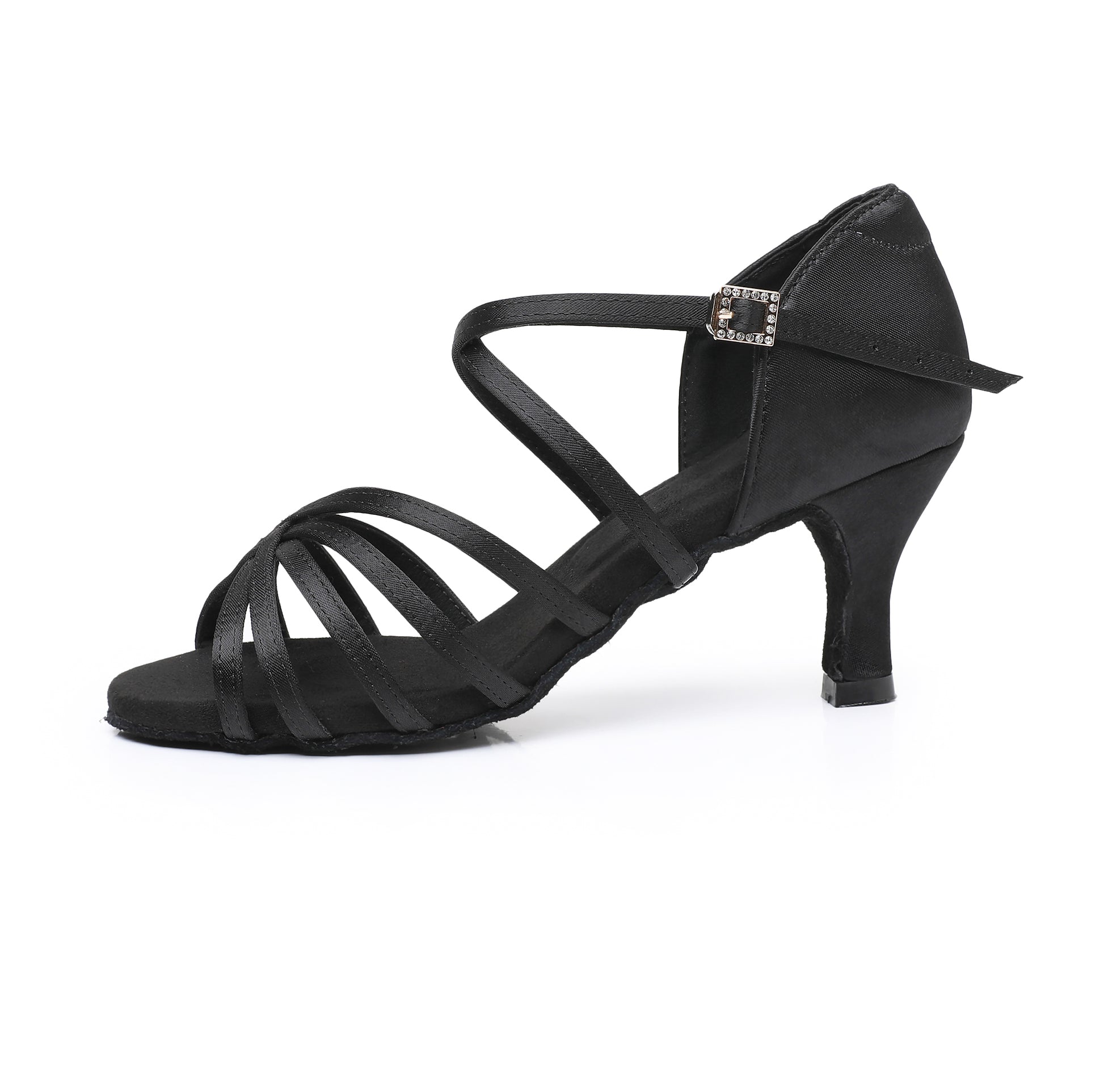 Side view of women’s Latin dance shoes showing stable heel design