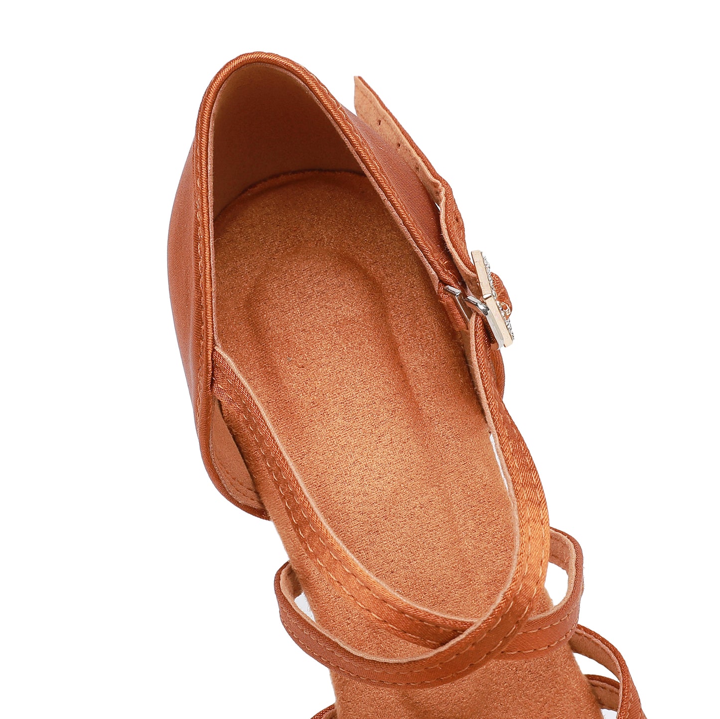 Secure ankle strap detail on women’s open toe Latin dance shoes