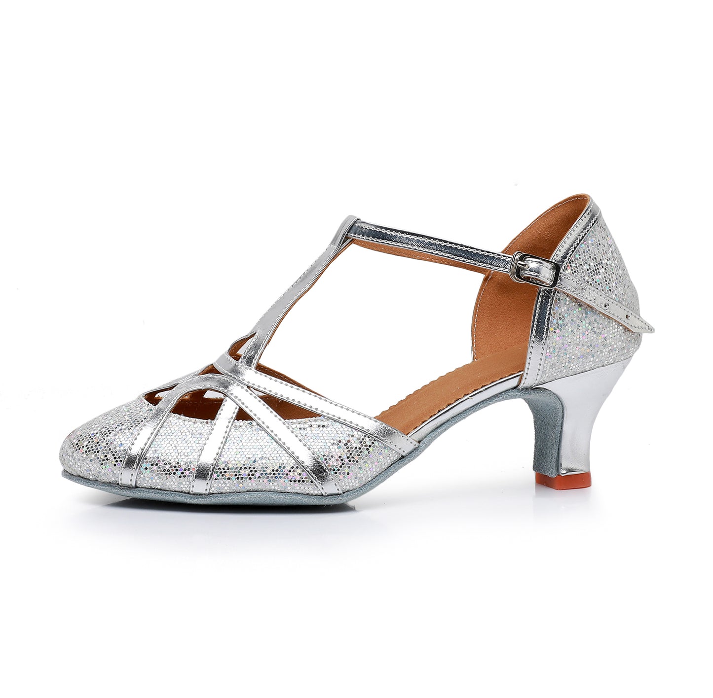 Professional Latin Dance Shoes for Women, Glitter Upper with T-Strap, Suede Outsole for Stage Performance & Competition