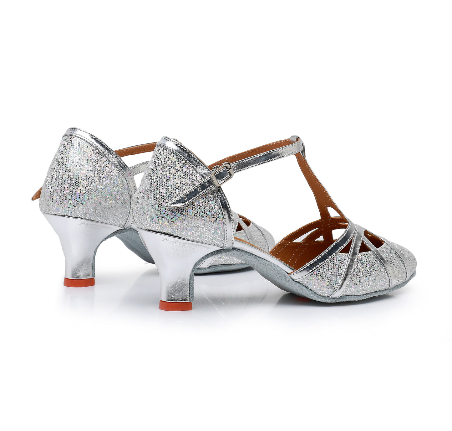Ladies' Vintage T-Strap Ballroom Dance Heels, Glitter Finish, Adjustable Buckle, Ideal for Latin, Cha-Cha & Rumba