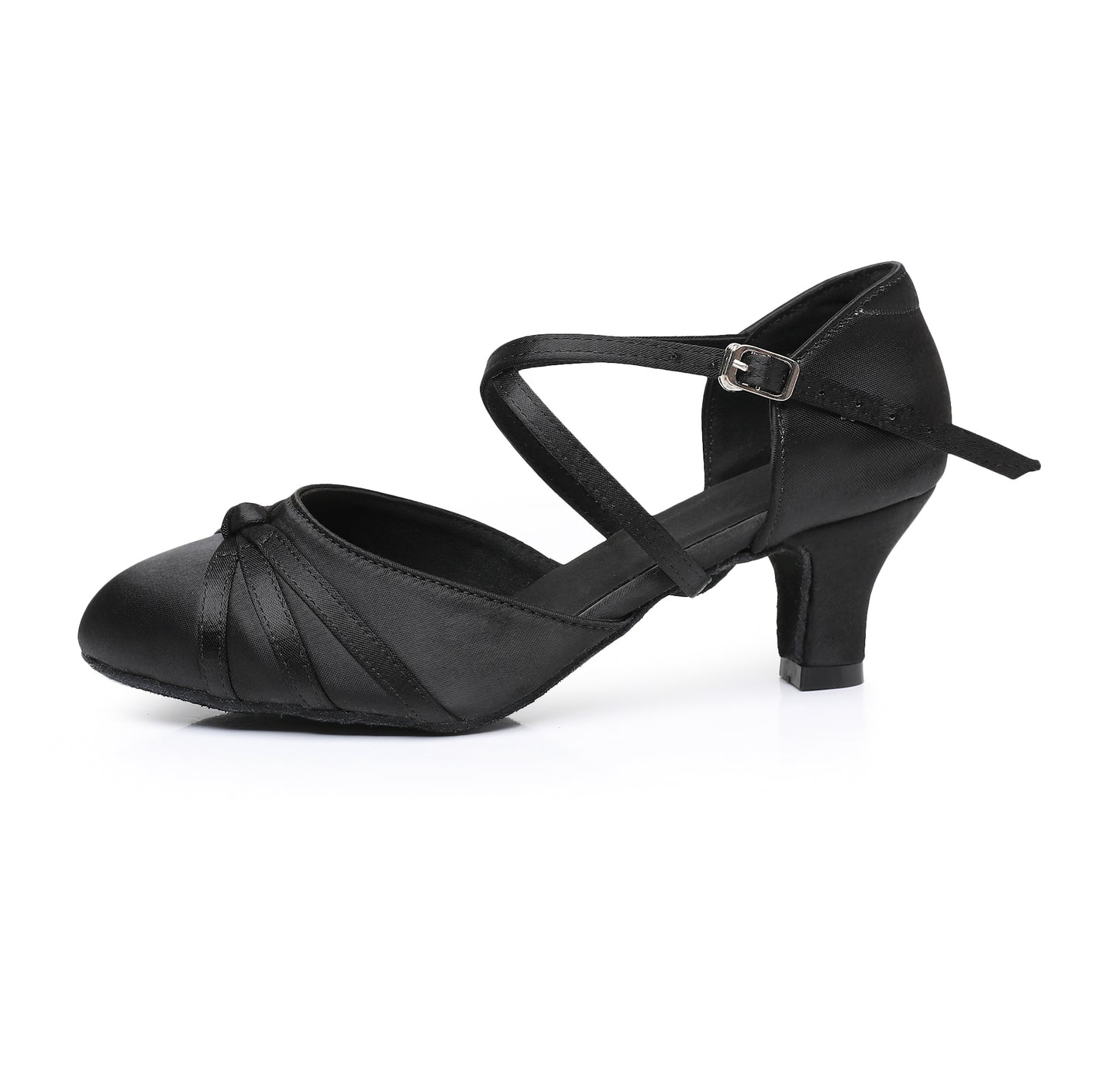 Black closed toe dance heels for Latin performance with twisted knot design