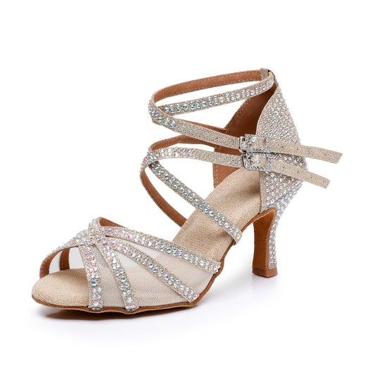 Latin Dance Shoes for Women Satin Suede Sole Salsa Professional Performance Practice Dancing Shoes