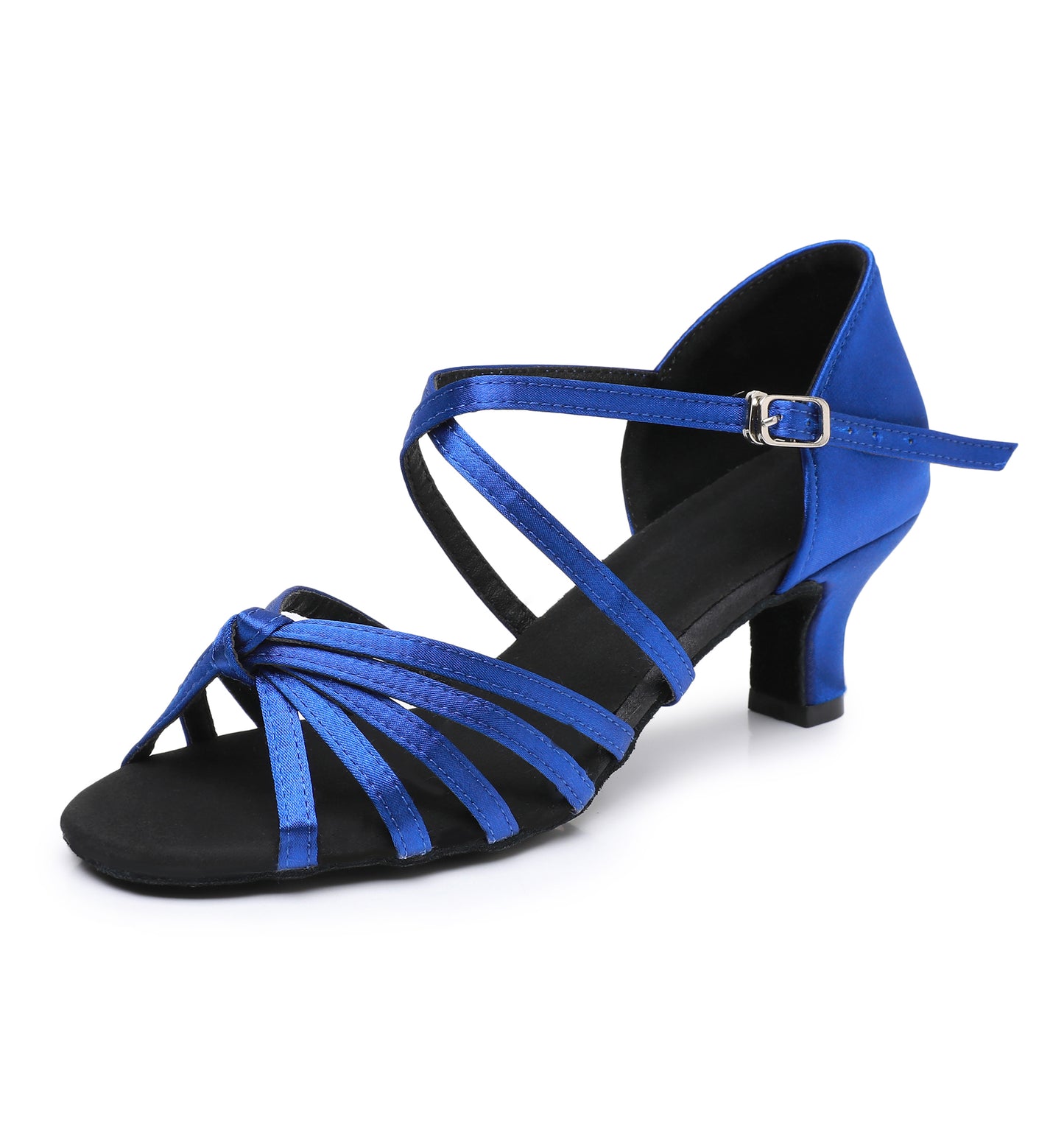 Women's Latin Dance Heels, Blue Satin Closed Toe Sandals with Suede Sole for Ballroom Dancing