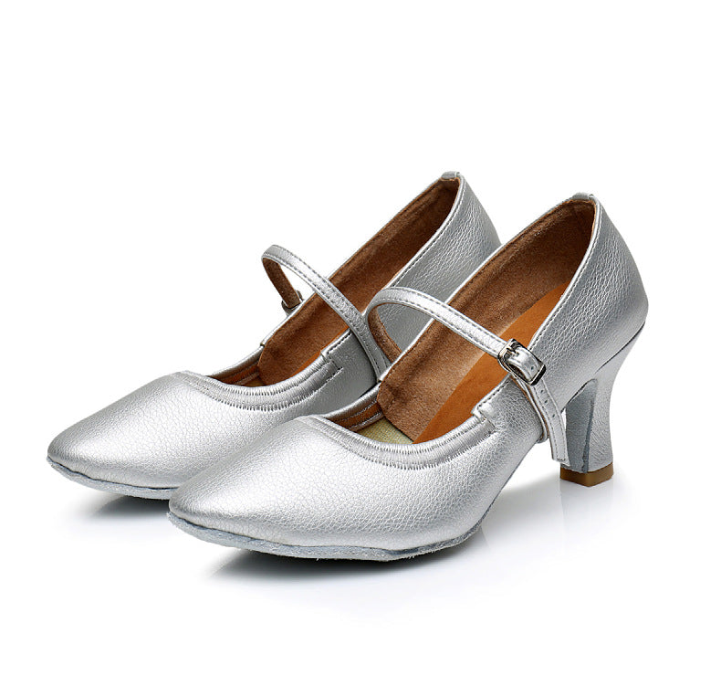 Women's practice dance shoes with buckle closure, durable leatherette upper for daily use