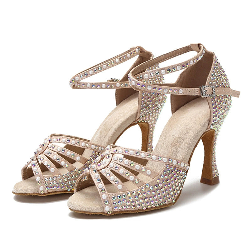 Beige satin Latin dance shoes for competition, sparkling rhinestone and pearl dance heels for women