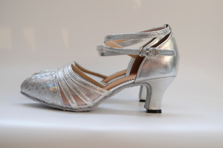Women's closed-toe latin dance shoes in silver with mesh panels, mid heel and buckle ankle strap for ballroom competitions
