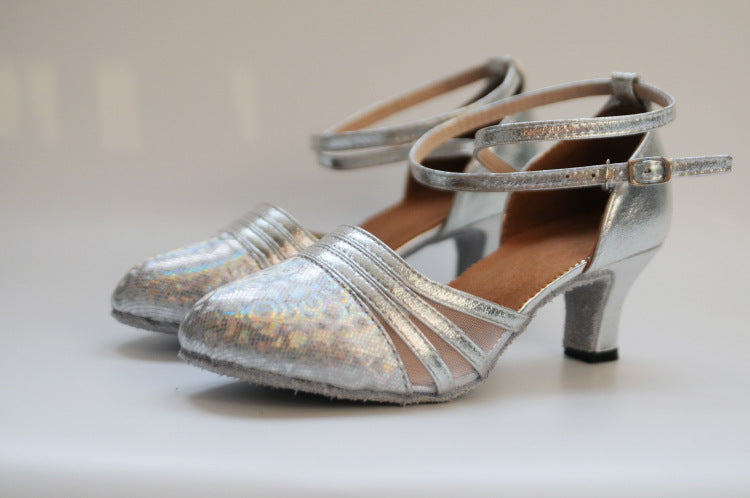 Mid heel closed-toe latin dance shoes for women with holographic mesh, suede sole and ankle strap for salsa and tango