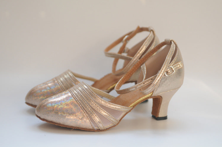 Shiny holographic closed-toe dance shoes with mid heel, suede sole and adjustable strap for women's latin and ballroom dance