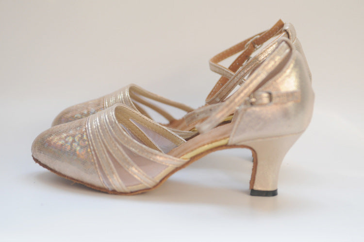 Champagne latin dance shoes with closed toe, breathable mesh, mid heel and secure ankle strap for beginner and professional dancers