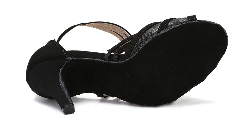 Black mesh Latin dance shoes with crisscross straps and adjustable buckle for dance practice