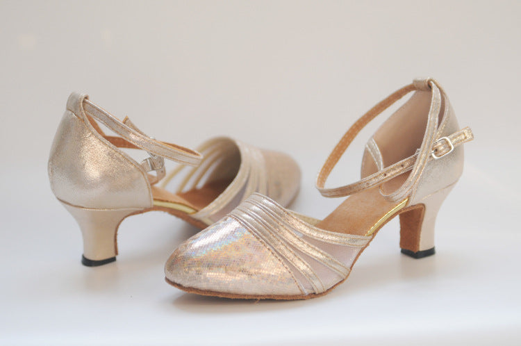 Women's closed-toe ballroom dance shoes in champagne gold with holographic finish, mesh panels and adjustable buckle strap