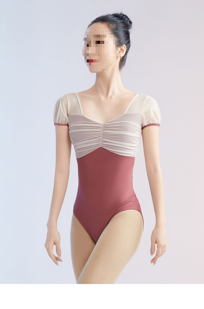 V-back detail on women's ballet leotard, sheer mesh back dance bodysuit