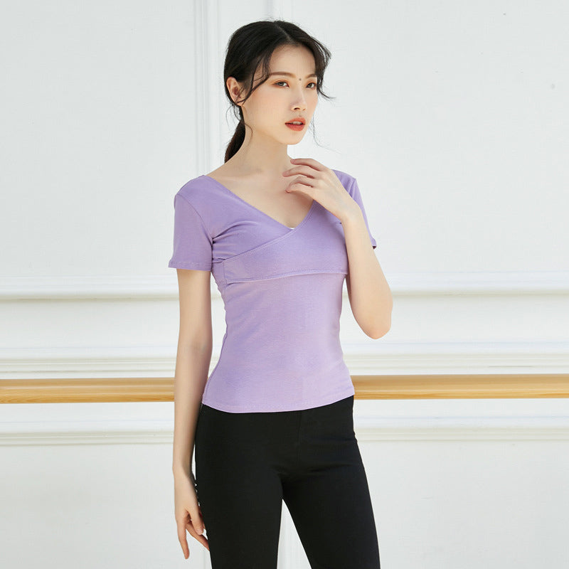 Women's Multiple Colors V-Neck Short Sleeve Dance Top, Stretchy Cotton Ballet Dancewear for Adults