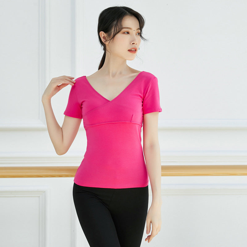 Women's Elegant V-Neck Short Sleeve Dance Top, Soft Cotton Ballet Shirt for Yoga & Dance Training