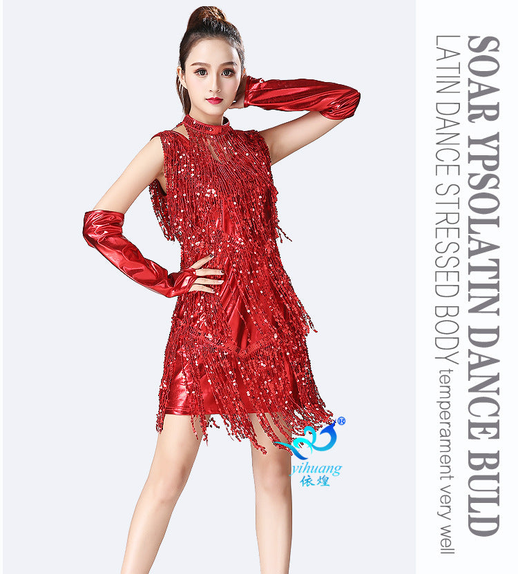 Women's Red Sequin Fringe Salsa Dress, Latin Dance Competition Costume for Performances