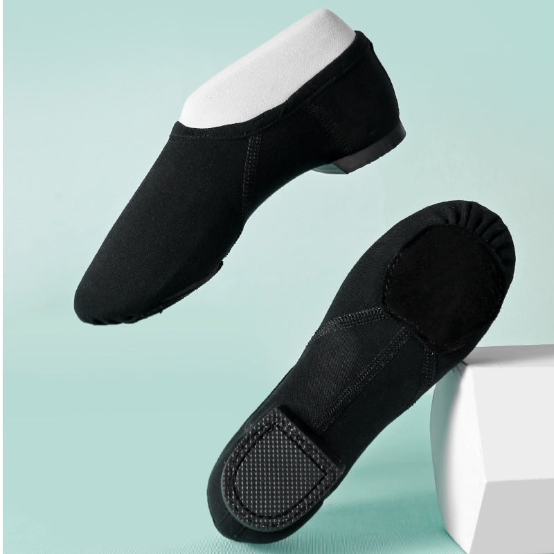 Black stretch canvas jazz dance shoes, split suede sole with non-slip rubber heel