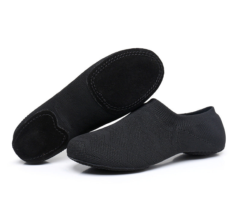 Black knit jazz dance shoes with non-slip rubber sole