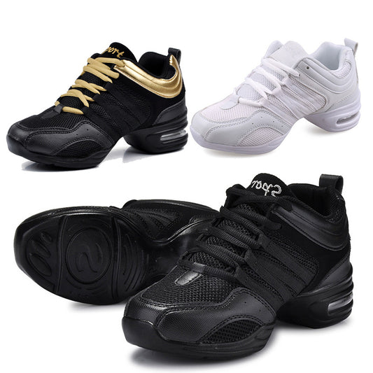 Black and gold breathable dance sneakers with air cushion sole for women
