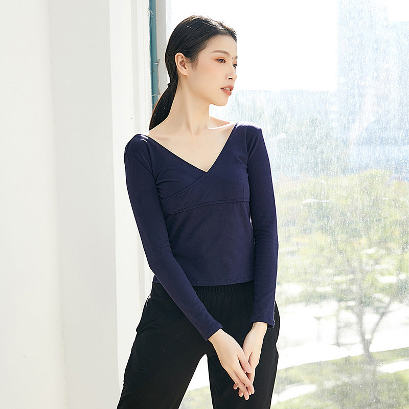 Navy Blue Long Sleeve Dance Top, Flattering V-Neck Leotard for Ballet, Yoga & Dance Studio