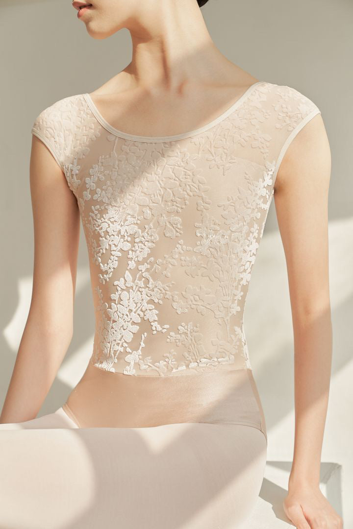 Floral Mesh Cap Sleeve Ballet Leotard for Women | Elegant Training & Dancewear BAL-SH-07