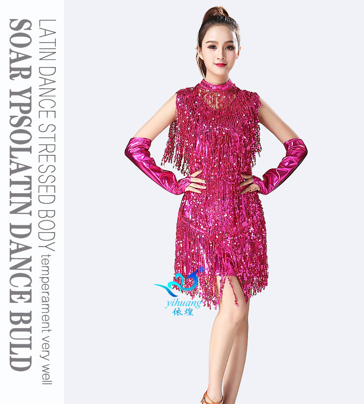 Women's Sparkly Sequin Fringe Latin Dance Dress, Sleeveless High Neck Ballroom Salsa Tango Performance Costume with Gloves  LAT-LS-01