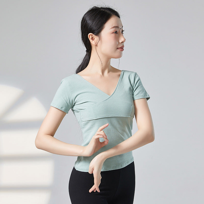 Women's V-Neck Short Sleeve Dance Top, Stretchy Cotton Ballet Dancewear for Yoga & Dance Class BAL-SS-03