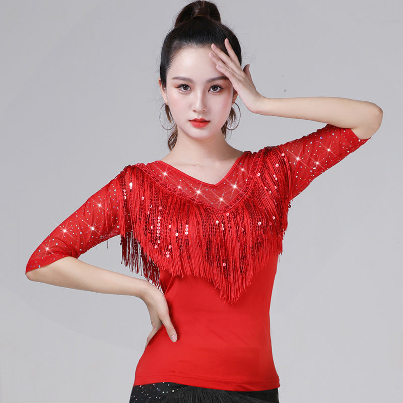 Women's Latin Dance Top, Sequined Fringe Mesh Top for Ballroom Salsa Tango, Performance Practice Dancewear
