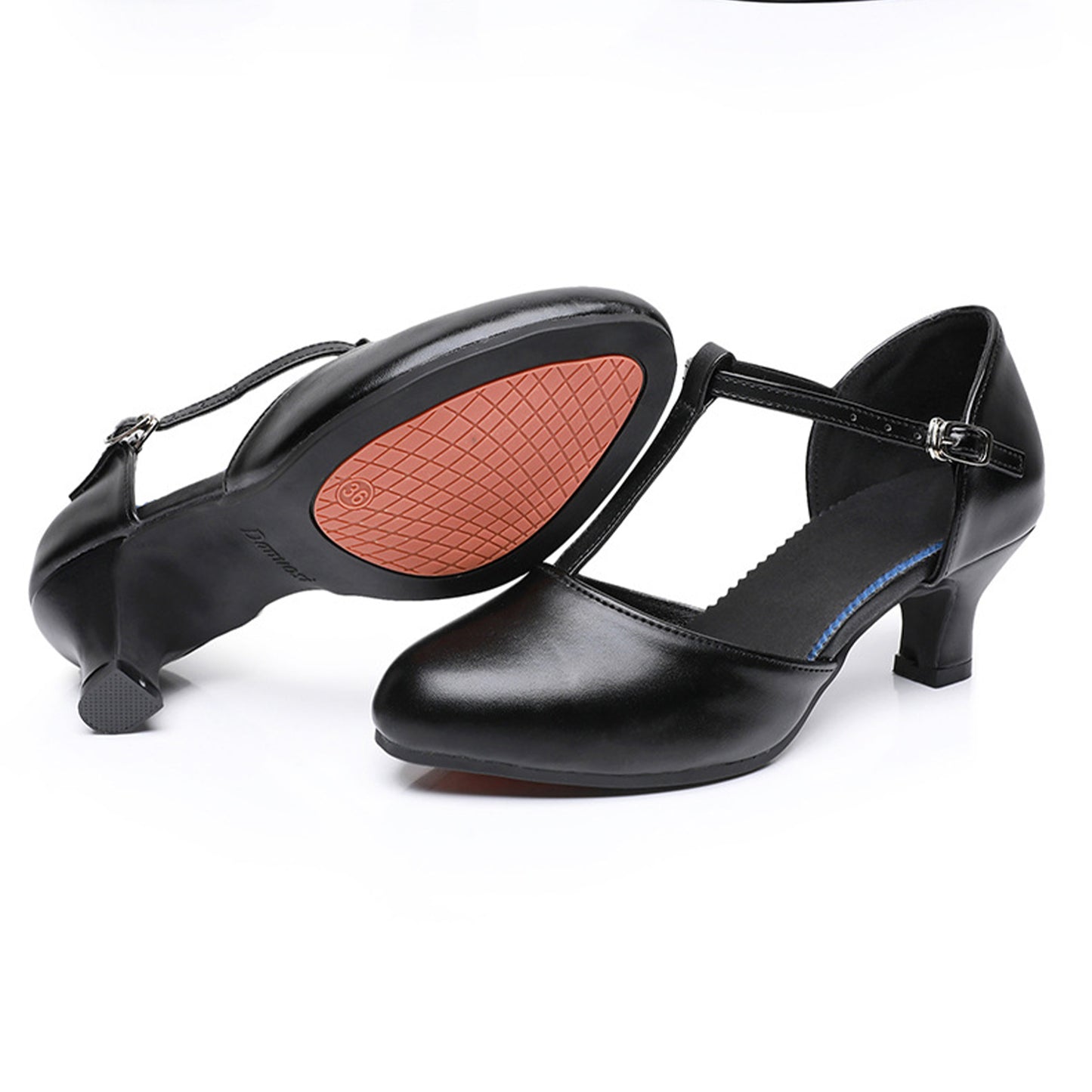 Stylish women black mid-heel T-strap latin dance shoes, all-match professional dance performance shoes