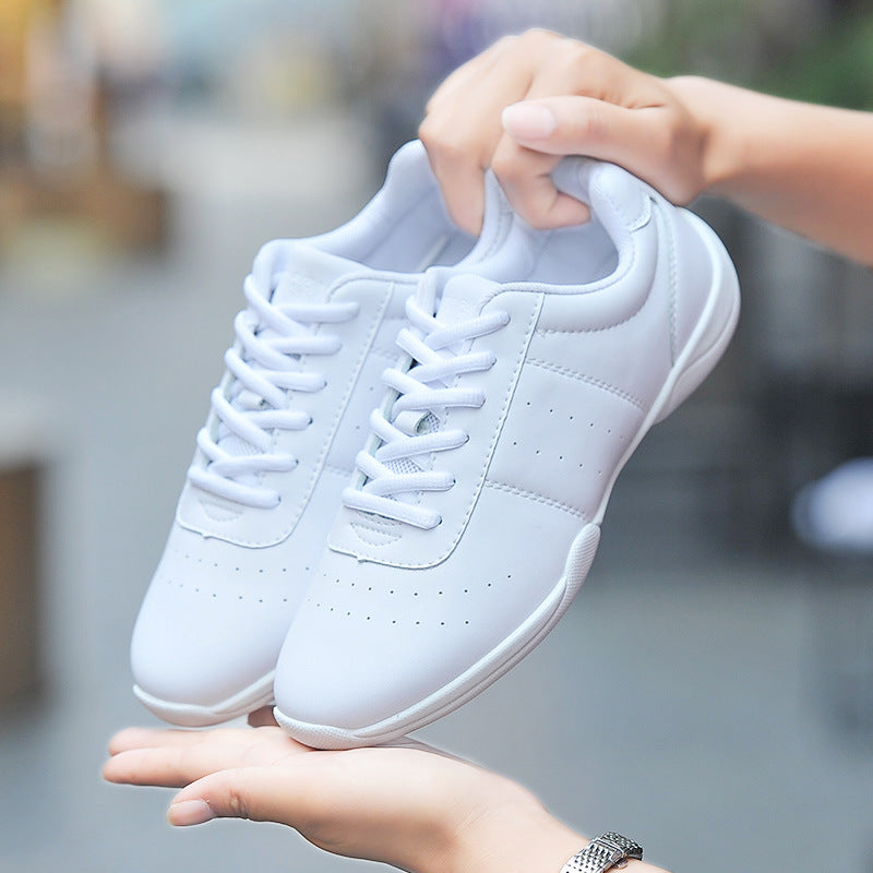 Lightweight white cheerleading shoes for women, flexible aerobic dance sneakers