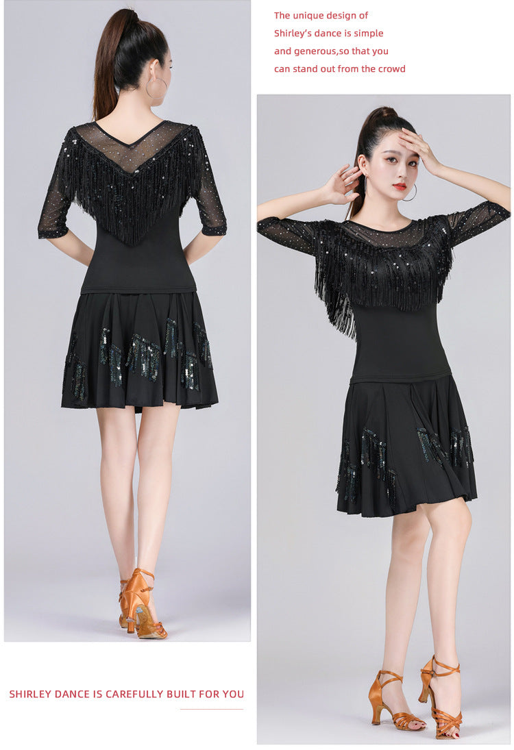 Flattering fit Latin dance top, women's sequined fringe dancewear for square dance