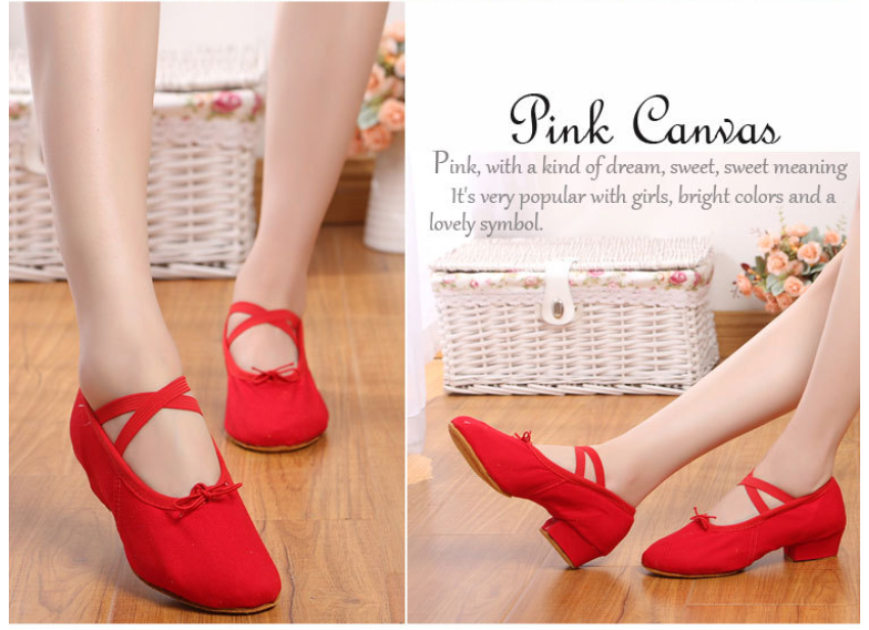 Women's Heeled Canvas Ballet Shoes, Soft Sole Dance Practice Footwear for Teacher-T-1101-3
