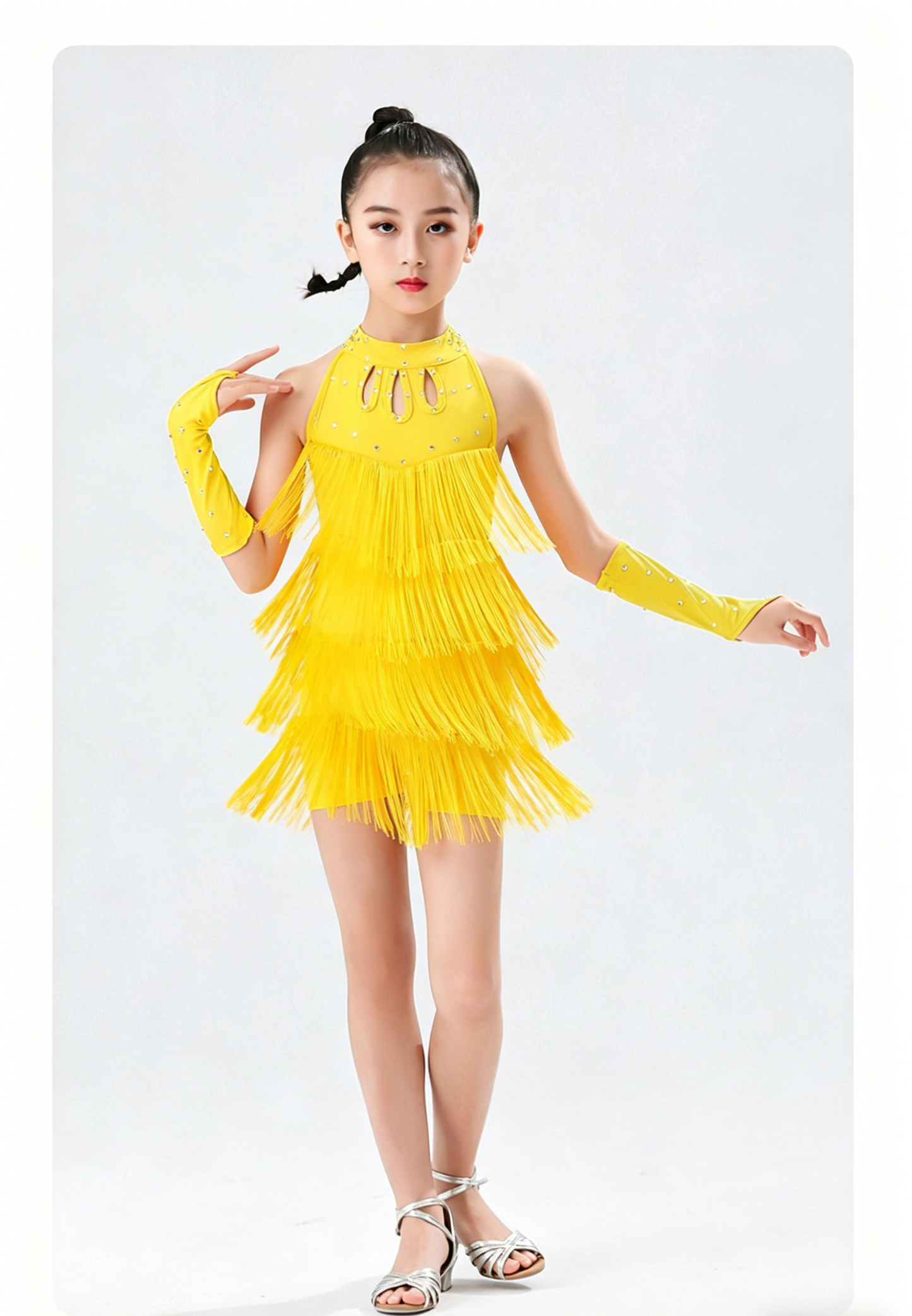 Girls Fringe Latin Dance Dress, Kids Sleeveless Ballroom Performance Costume with Rhinestones & Gloves for Competition, Practice & Stage Show