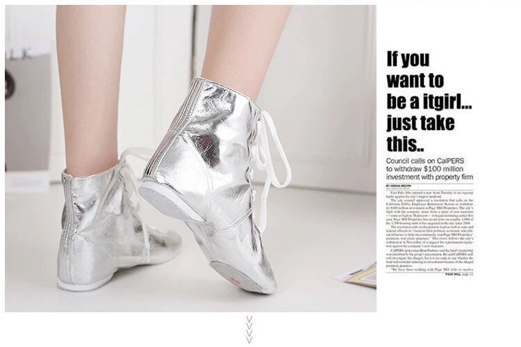 Versatile high-top dance shoes in black, gold, and silver finishes for all dance styles