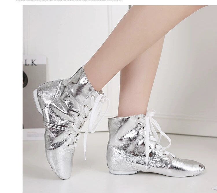 Silver lace-up jazz dance shoes with soft sole for stage performance