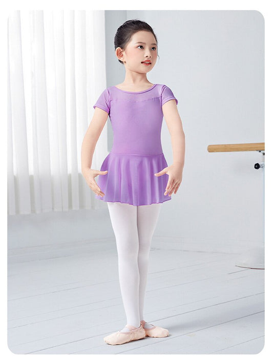 Girls Ballet Leotard with Skirt - Short/Long Sleeve Cotton Dance Dress for Kids, 5 Colors BAL-SH-08
